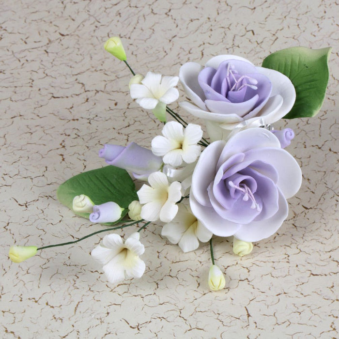 Lavender Gumpaste Dog Rose Spray Cake Decoration perfect for cake decorating rolled fondant wedding cakes, buttercream birthday cakes, & cupcakes.  Wholesale cake decorations & cake decorating supply. Small Dog Rose Sprays - Lavender Purple