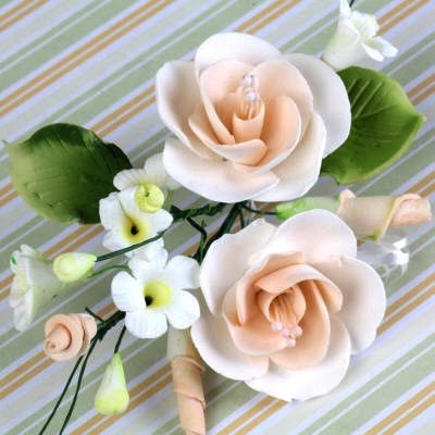 Peach Gumpaste Dog Rose Spray Cake Decoration perfect for cake decorating rolled fondant wedding cakes, buttercream birthday cakes, & cupcakes.  Wholesale cake decorations & cake decorating supply. Small Dog Rose Sprays - Peach