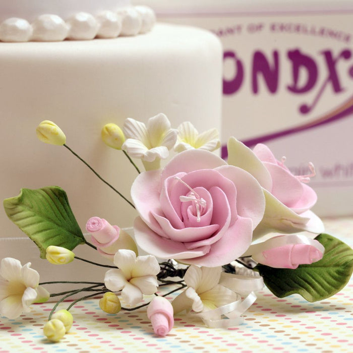 Pink Gumpaste Dog Rose Spray Cake Decoration perfect for cake decorating rolled fondant wedding cakes, buttercream birthday cakes, & cupcakes.  Wholesale cake decorations & cake decorating supply. Small Dog Rose Sprays - Pink  Caljava