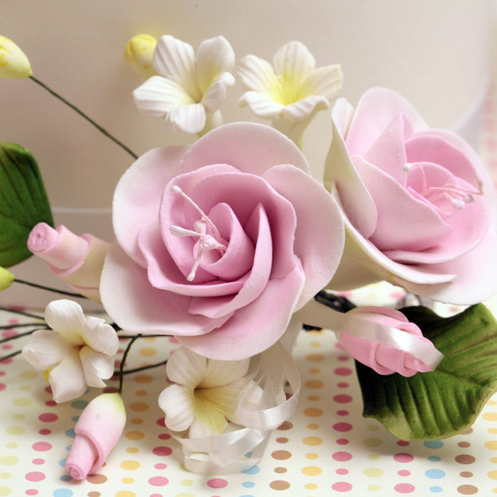 Pink Gumpaste Dog Rose Spray Cake Decoration perfect for cake decorating rolled fondant wedding cakes, buttercream birthday cakes, & cupcakes.  Wholesale cake decorations & cake decorating supply. Small Dog Rose Sprays - Pink  Caljava
