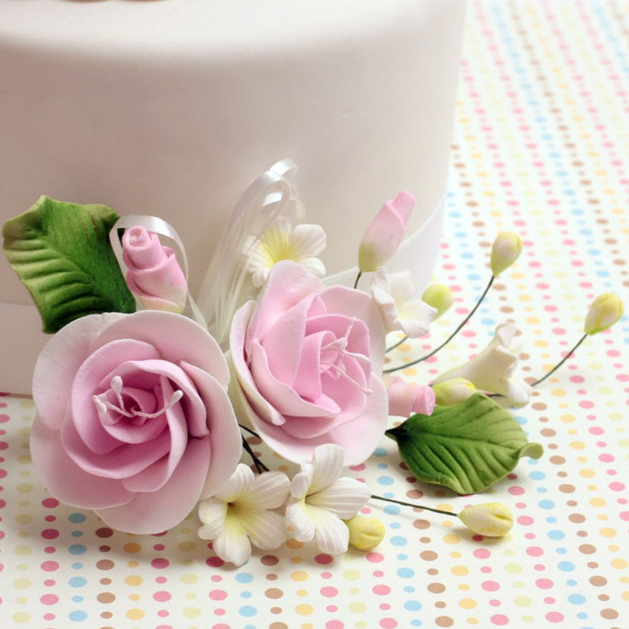 Pink Gumpaste Dog Rose Spray Cake Decoration perfect for cake decorating rolled fondant wedding cakes, buttercream birthday cakes, & cupcakes.  Wholesale cake decorations & cake decorating supply. Small Dog Rose Sprays - Pink  Caljava