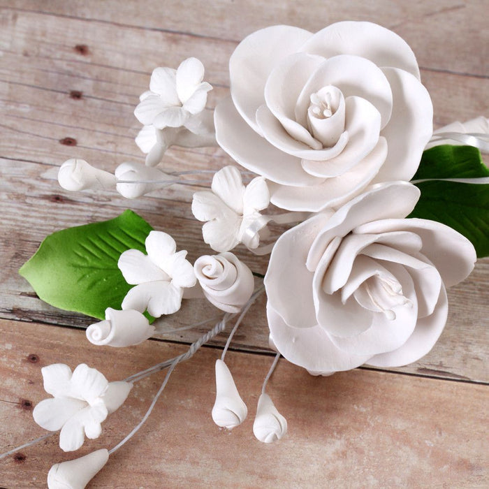 White Gumpaste Dog Rose Spray Cake Decoration perfect for cake decorating rolled fondant wedding cakes, buttercream birthday cakes, & cupcakes.  Wholesale cake decorations & cake decorating supply. Caljava