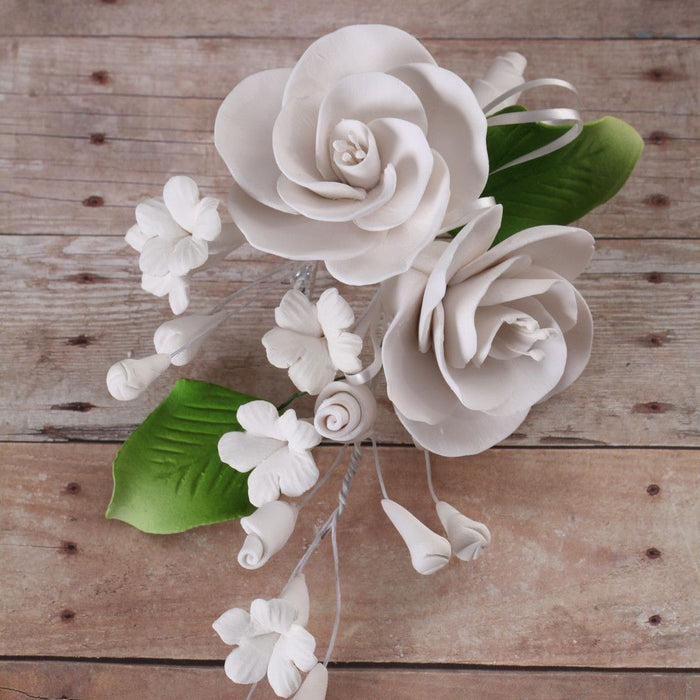 White Gumpaste Dog Rose Spray Cake Decoration perfect for cake decorating rolled fondant wedding cakes, buttercream birthday cakes, & cupcakes.  Wholesale cake decorations & cake decorating supply. Caljava