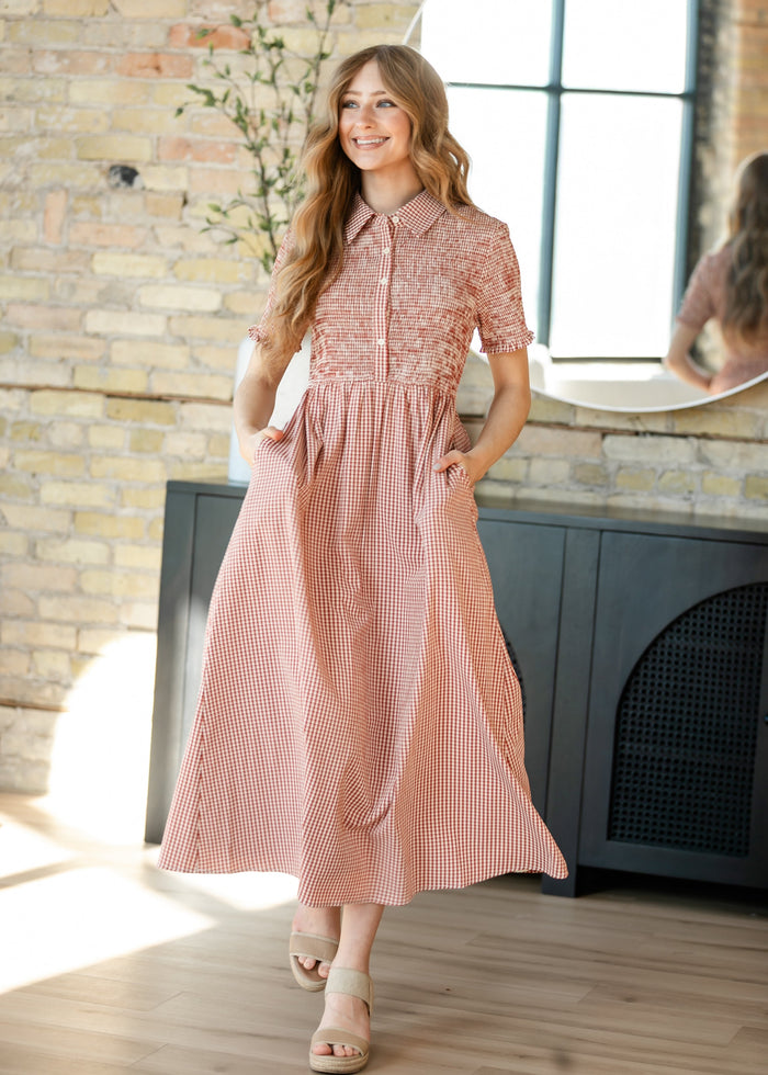 Smocked Button Top Gingham Midi Dress FF Dresses