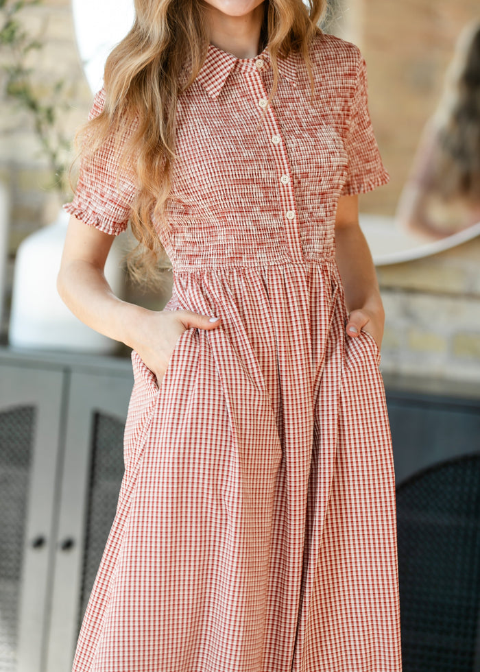 Smocked Button Top Gingham Midi Dress FF Dresses