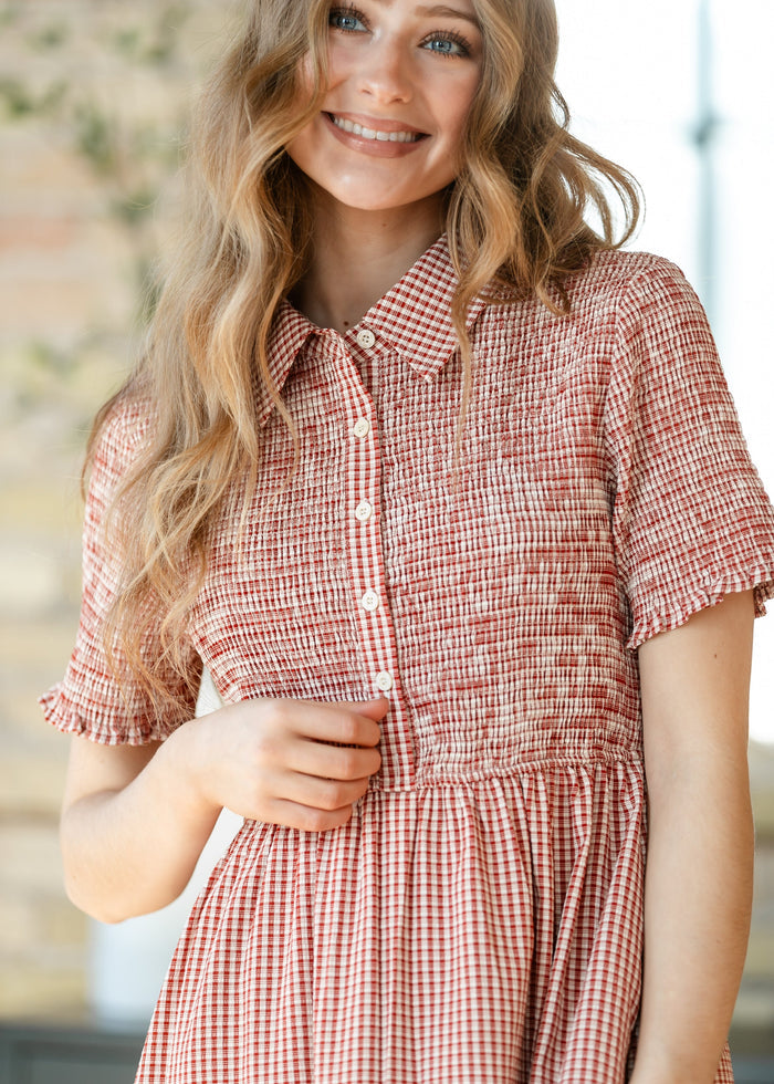 Smocked Button Top Gingham Midi Dress FF Dresses