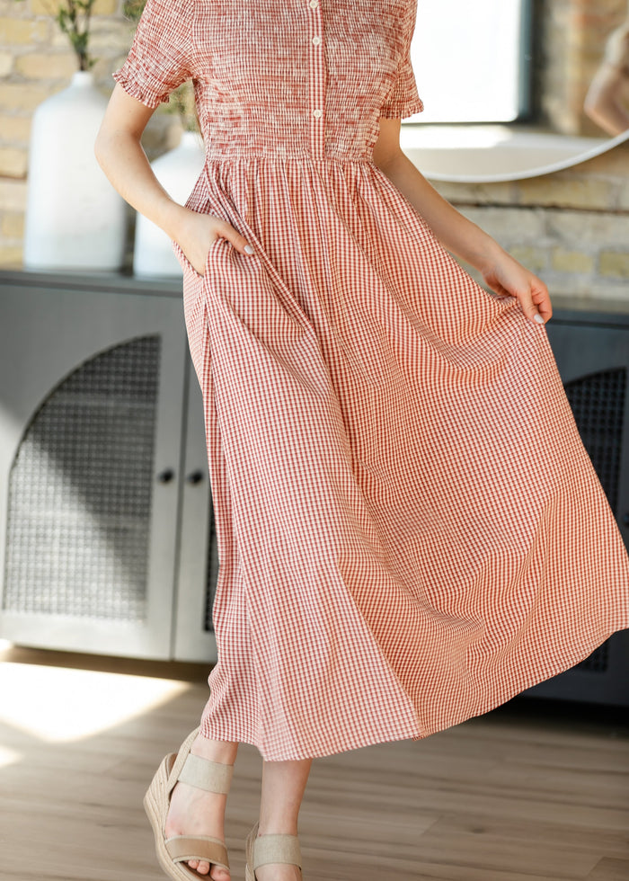 Smocked Button Top Gingham Midi Dress FF Dresses