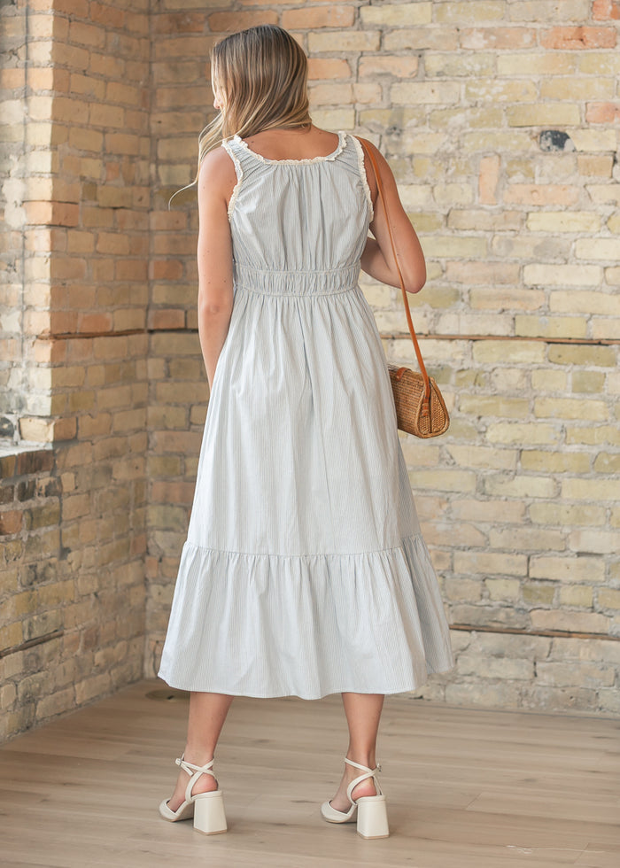 Smocked Stripe Tiered Midi Dress FF Dresses
