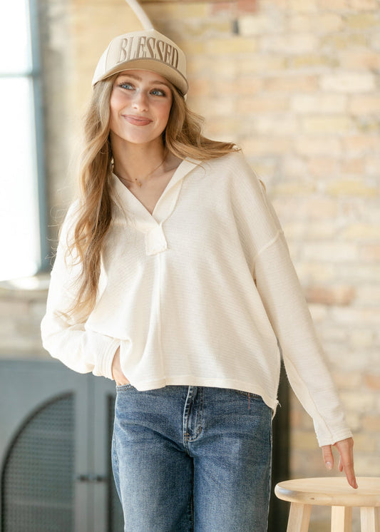 Soft Textured Knit Long Sleeve Polo FF Tops