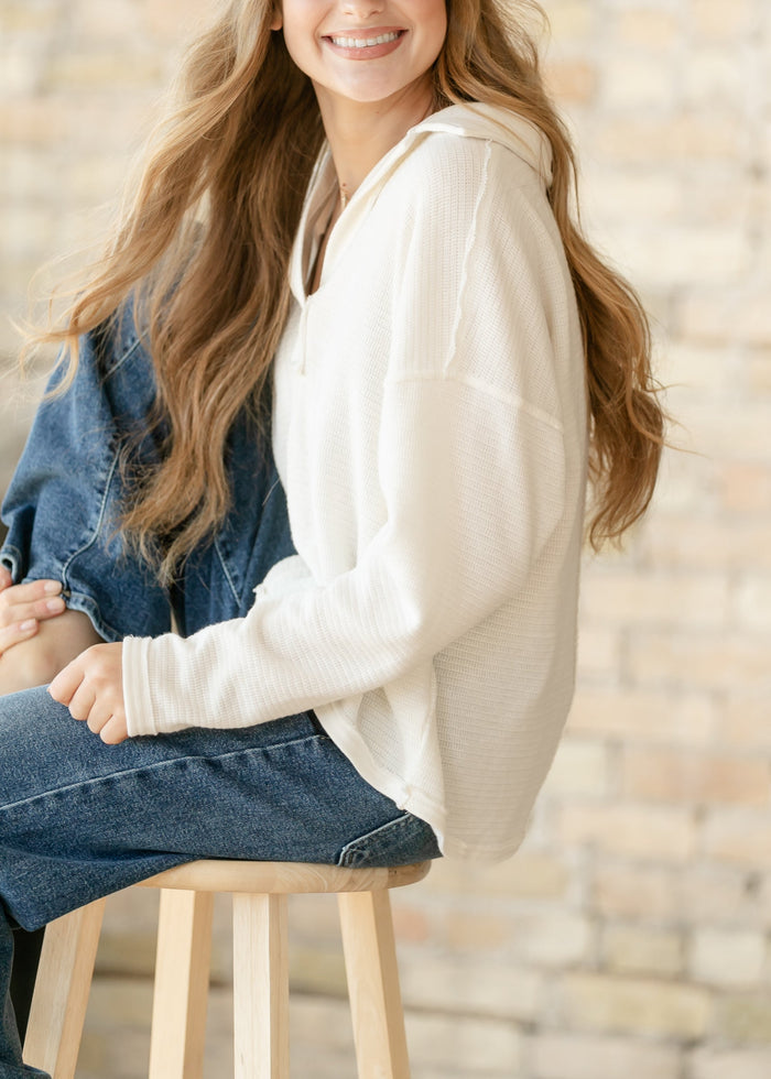 Soft Textured Knit Long Sleeve Polo FF Tops