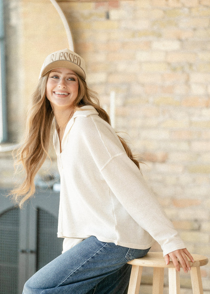 Soft Textured Knit Long Sleeve Polo FF Tops