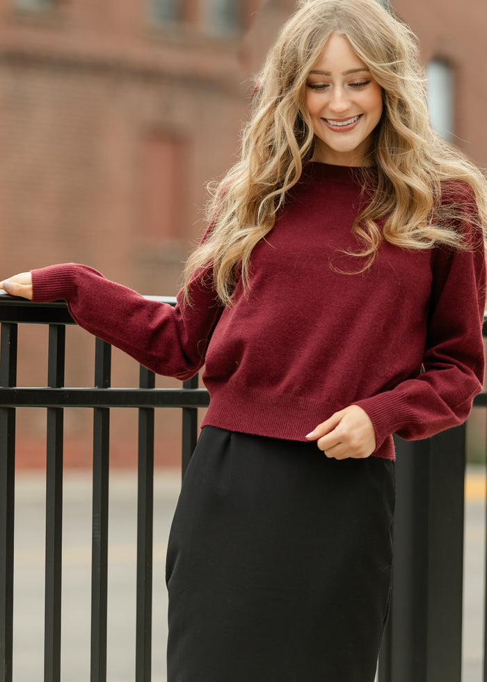 Solid Crew Neck Pullover Sweater FF Tops Red / S