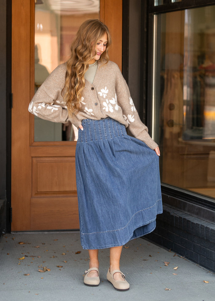 Stitched Yoke Smocked Waist Denim A-Line Midi Skirt