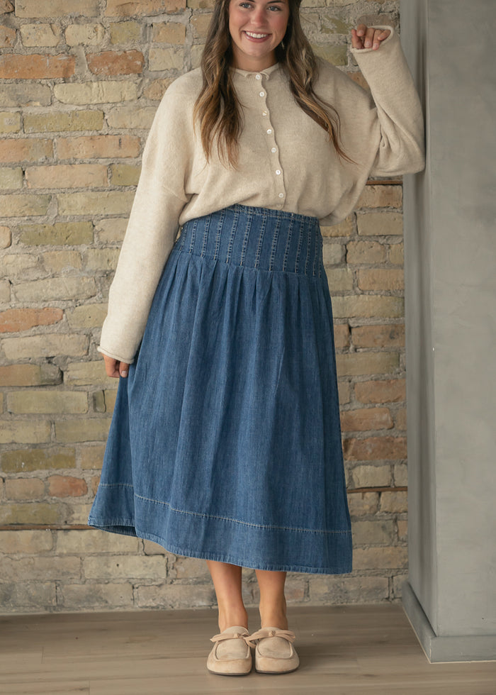 Stitched Yoke Smocked Waist Denim A-Line Midi Skirt FF Skirts