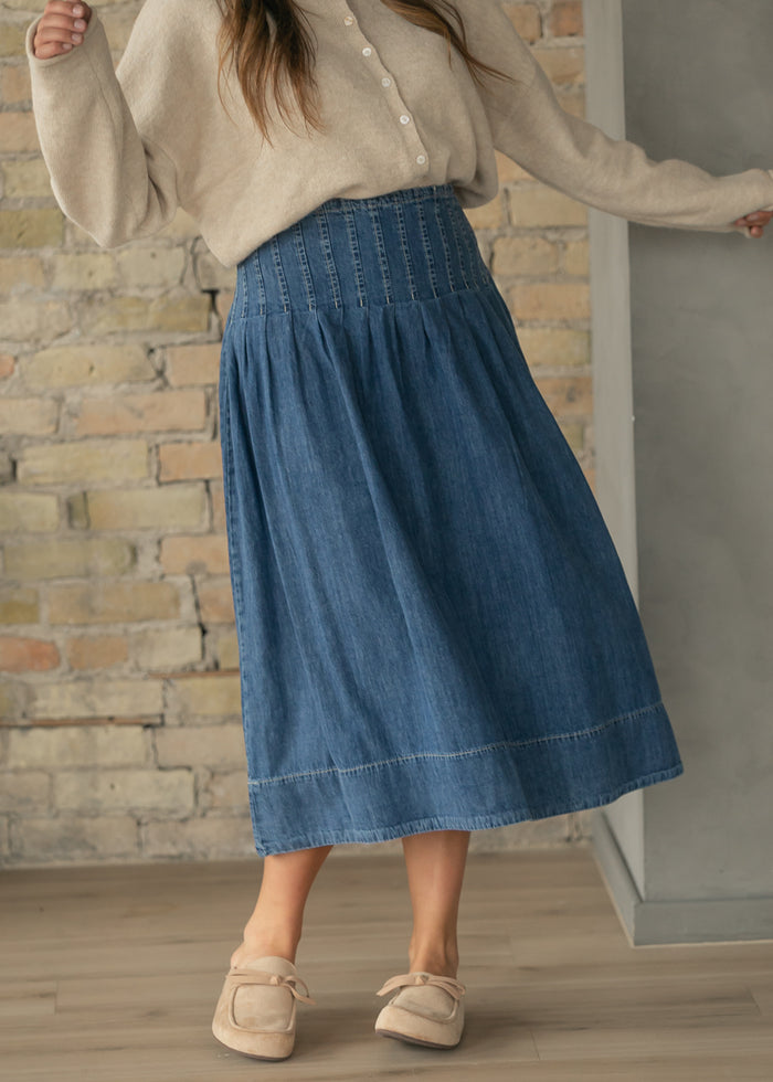Stitched Yoke Smocked Waist Denim A-Line Midi Skirt FF Skirts