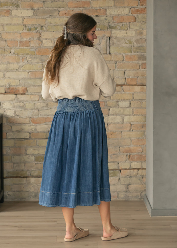 Stitched Yoke Smocked Waist Denim A-Line Midi Skirt FF Skirts