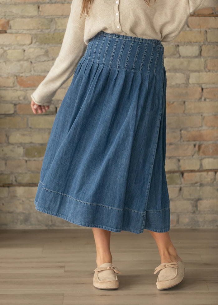 Stitched Yoke Smocked Waist Denim A-Line Midi Skirt FF Skirts