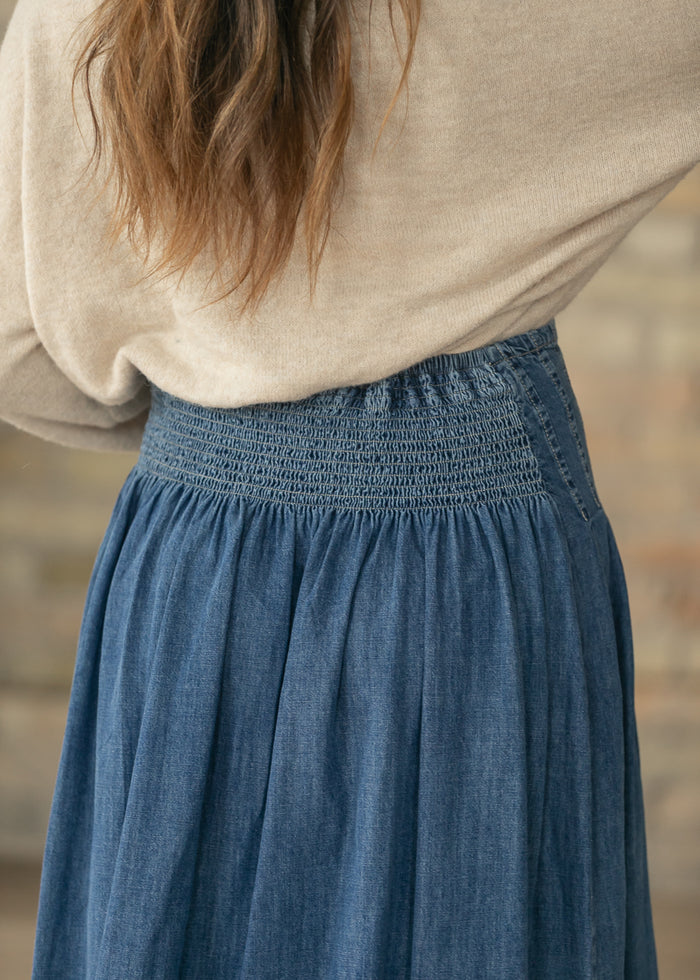 Stitched Yoke Smocked Waist Denim A-Line Midi Skirt FF Skirts