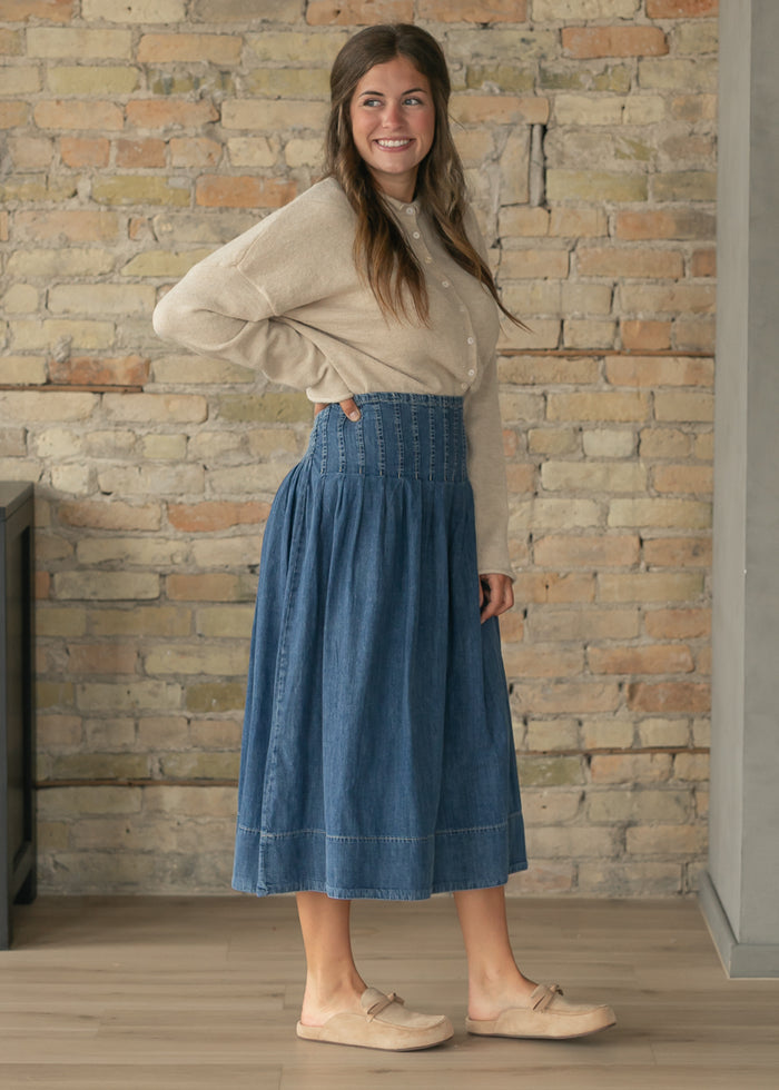 Stitched Yoke Smocked Waist Denim A-Line Midi Skirt FF Skirts