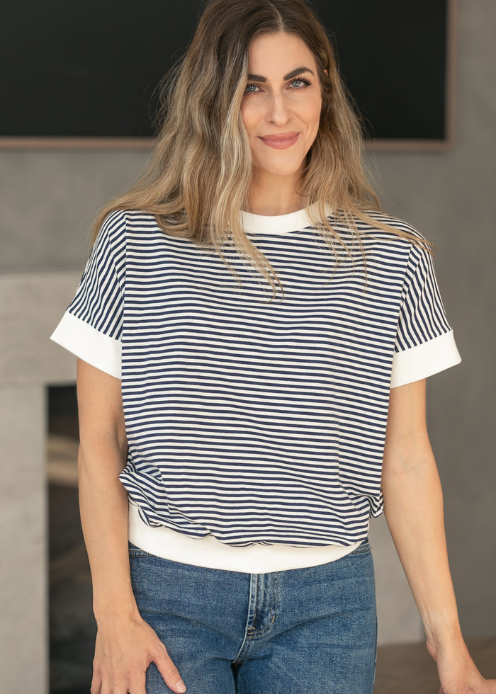 Navy Stripe Contrast Trim Top FF Tops