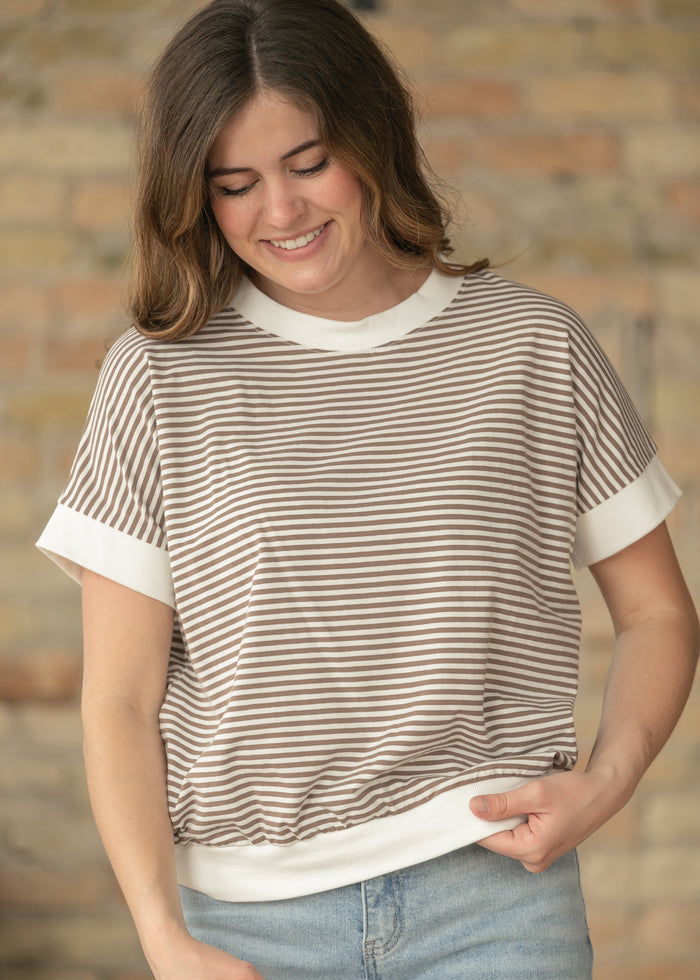 Mocha Stripe Contrast Trim Top FF Tops
