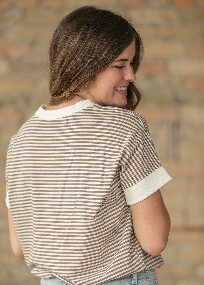 Mocha Stripe Contrast Trim Top FF Tops