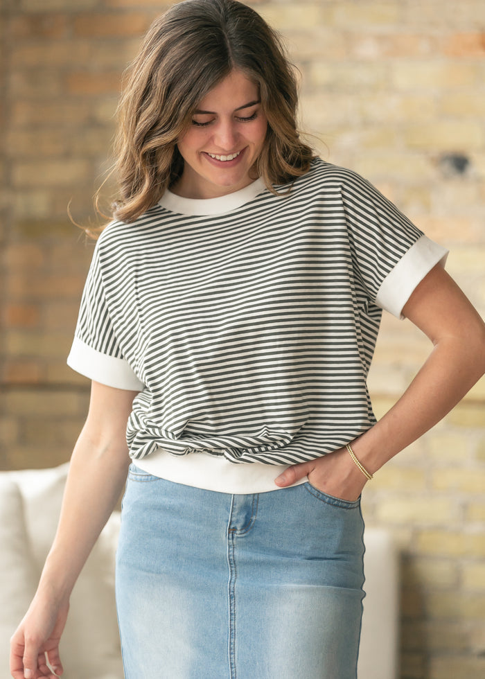 Olive Stripe Contrast Trim Top FF Tops