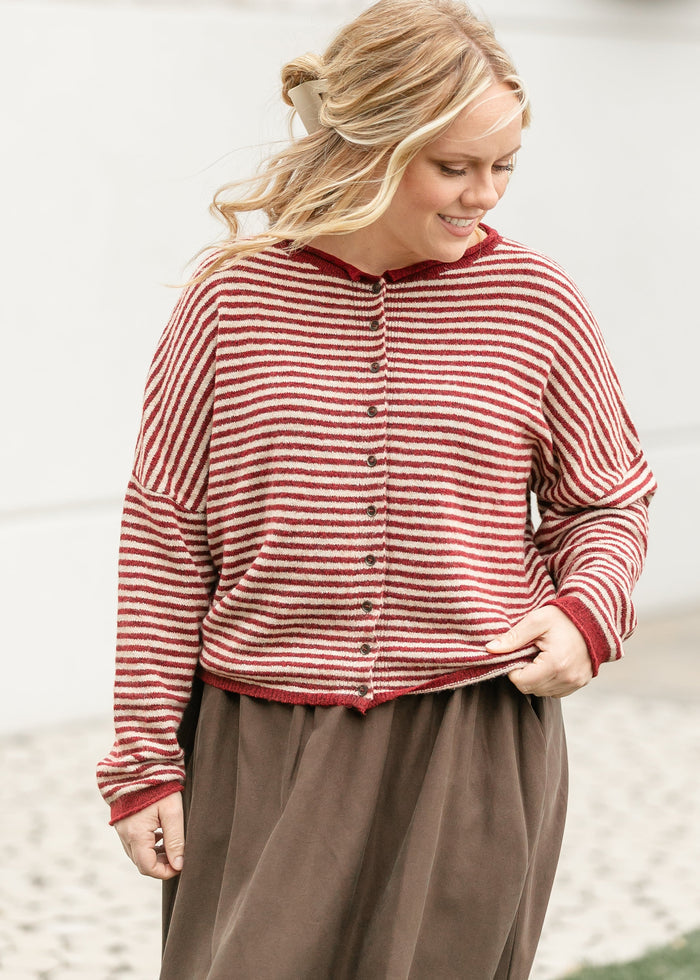 Stripe Knit Drop Shoulder Cardigan FF Layering Essentials Red / S