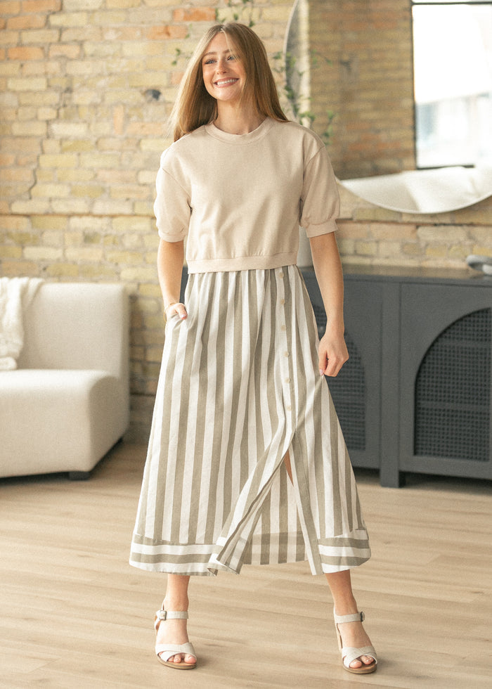 Stripe Short Sleeve Sweater Maxi Dress FF Dresses