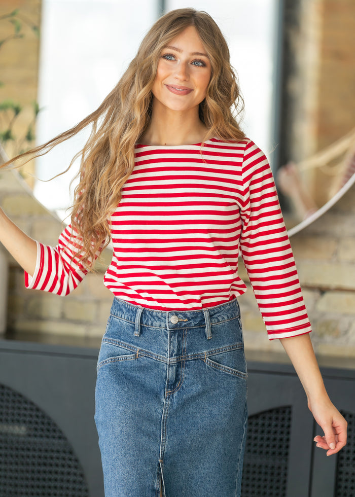 Striped Boatneck Half Sleeve Top FF Tops