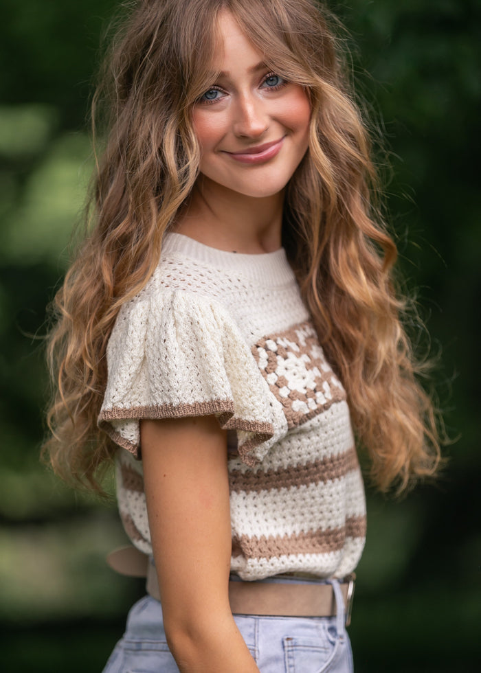 Striped Crochet Knit Top FF Tops