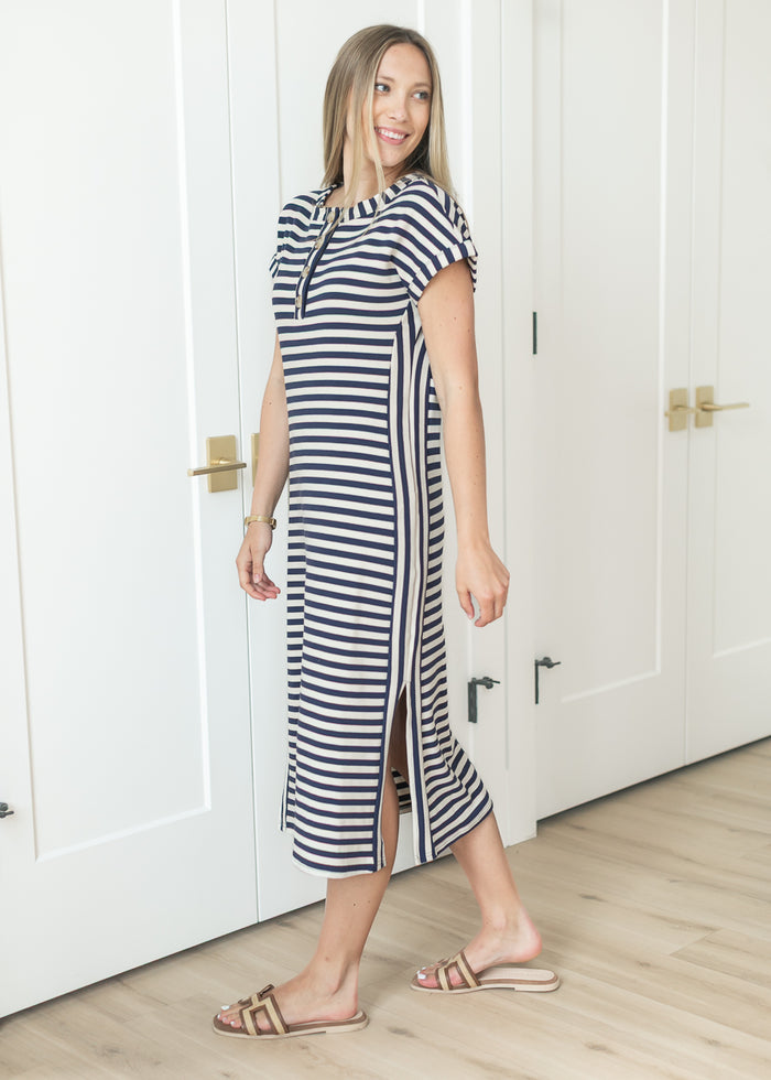 Striped Henley Knit Midi Dress FF Dresses