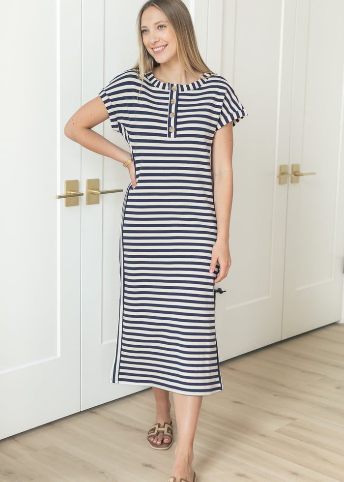 Striped Henley Knit Midi Dress FF Dresses S