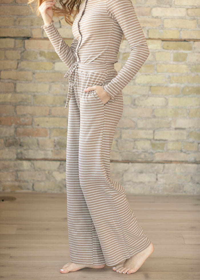 Striped Long Sleeve Top & Drawstring Pants Set FF Tops
