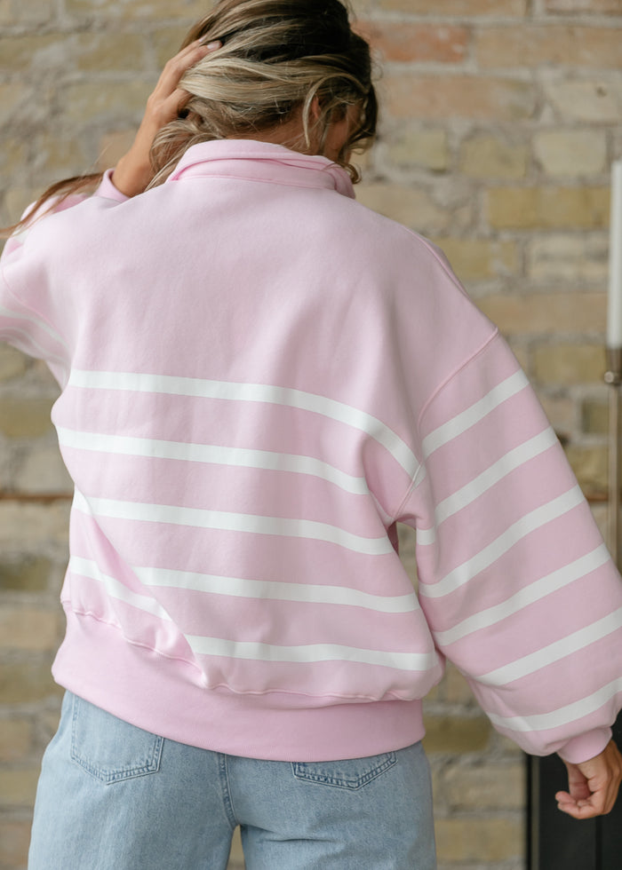 Striped Pink Striped Quarter Snap Pullover FF Tops