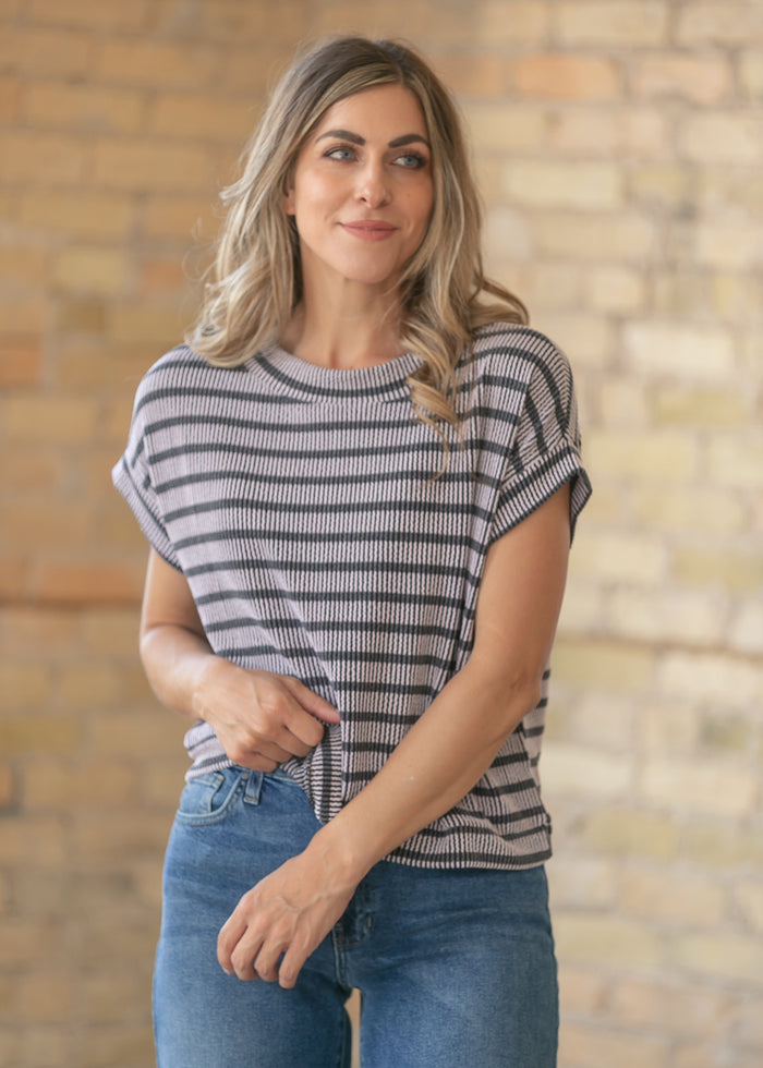 Black Striped Rib Knit Dolman Top FF Tops
