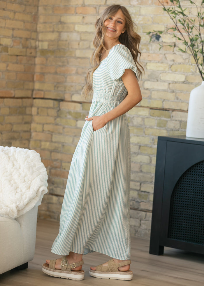 Striped Smocked Sweetheart Maxi Dress FF Dresses
