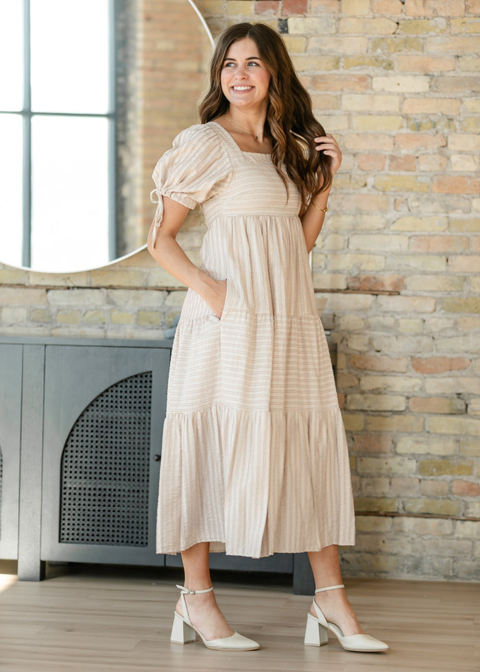 Striped Square Neck Tie Sleeve Maxi Dress FF Dresses
