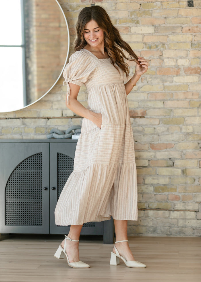 Striped Square Neck Tie Sleeve Maxi Dress FF Dresses