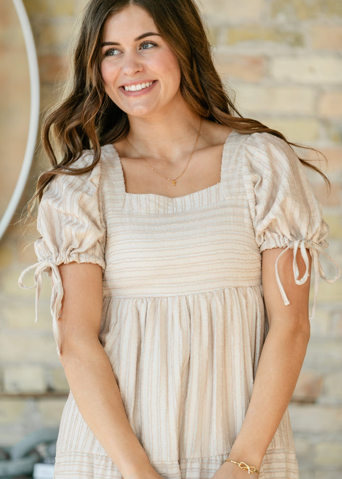 Striped Square Neck Tie Sleeve Maxi Dress FF Dresses
