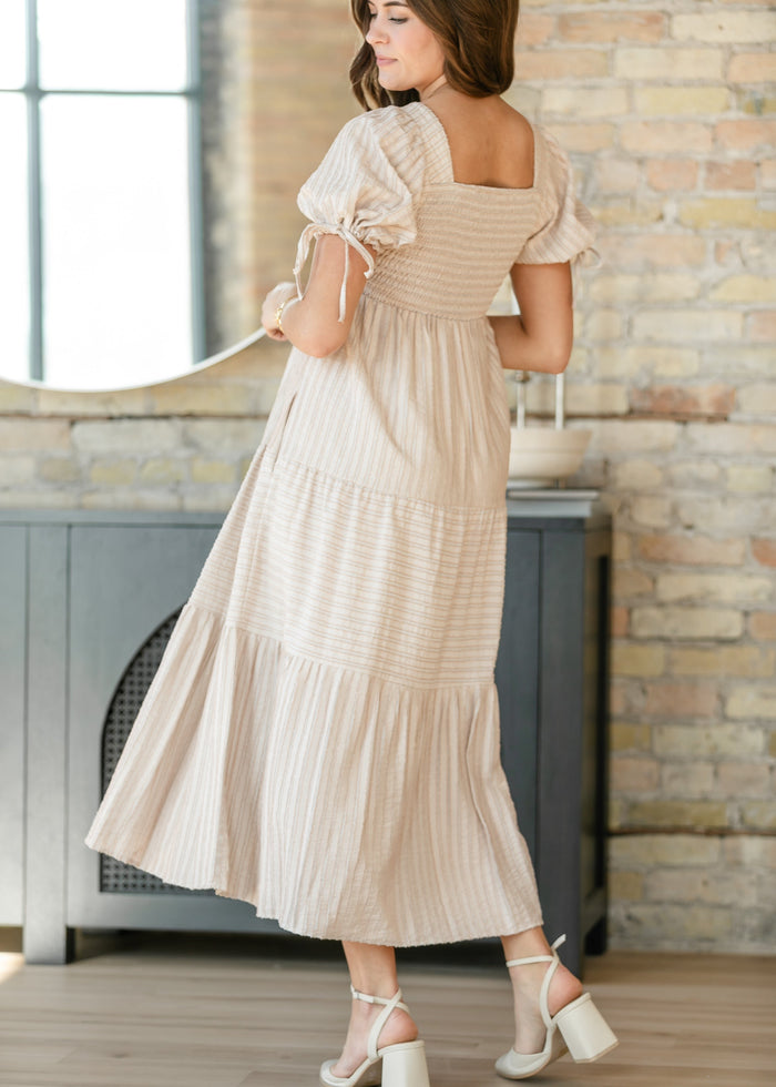 Striped Square Neck Tie Sleeve Maxi Dress FF Dresses