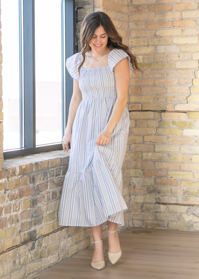Summer Blue Stripe Flutter Sleeve Midi Dress IC Dresses