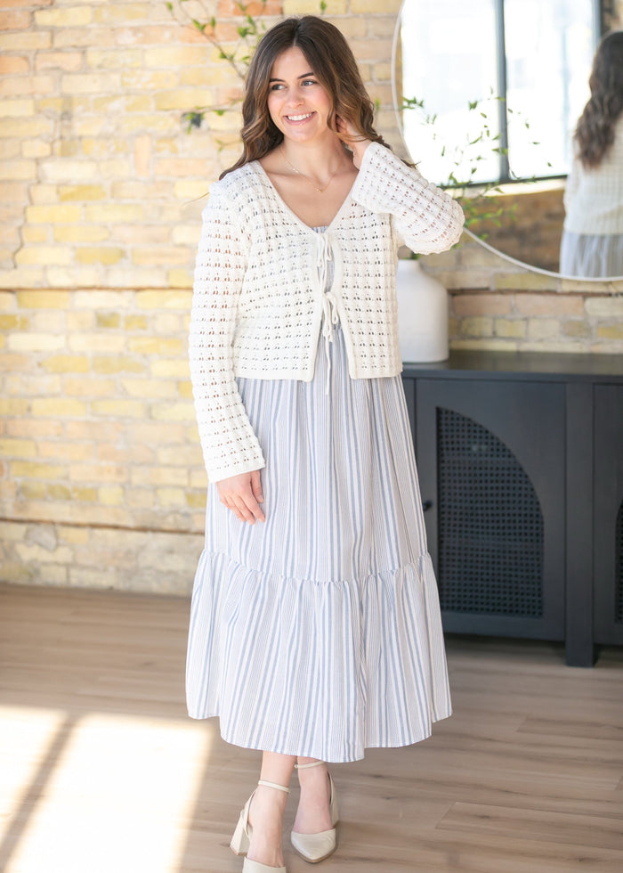 Summer Blue Stripe Flutter Sleeve Midi Dress IC Dresses