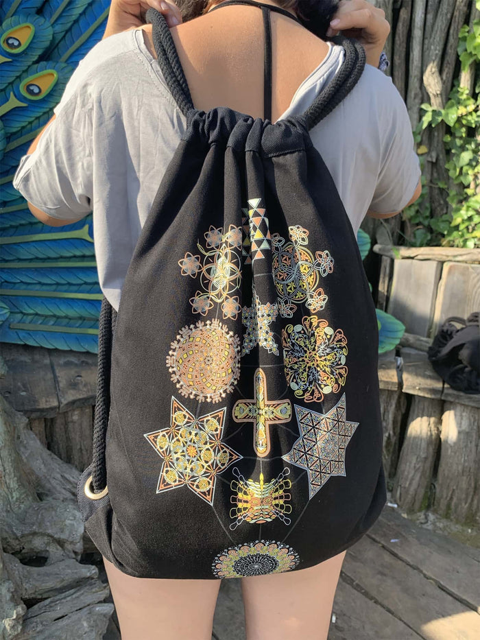 Symbol Tree Drawstring Bag Psychedelic Art Print on Black T-Shirt by Symbolika
