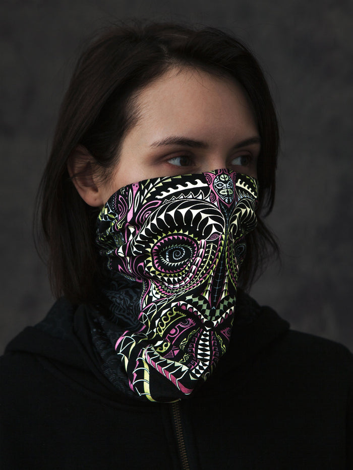 Ta Wise Monkey Neck Gaiter Black — visionary art by Symbolika