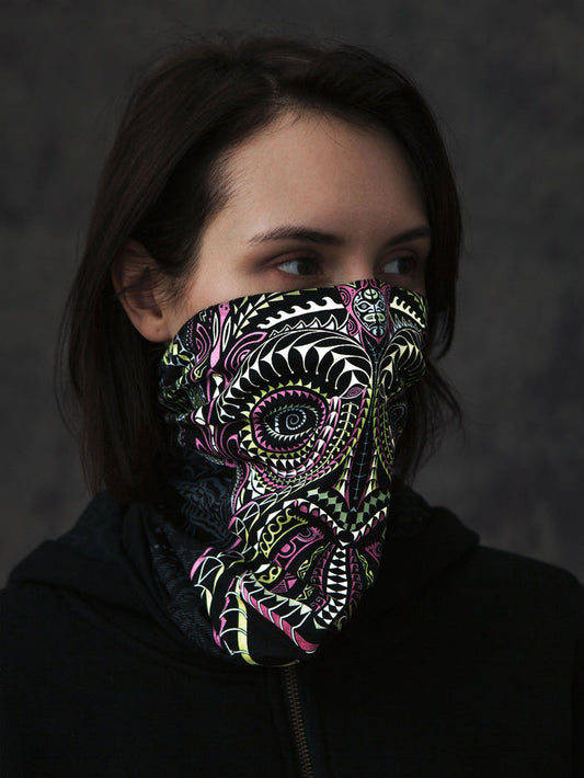 Ta Wise Monkey Neck Gaiter Black — visionary art by Symbolika