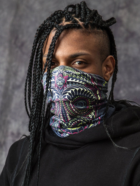 Ta Wise Monkey Neck Gaiter Grey — visionary art by Symbolika