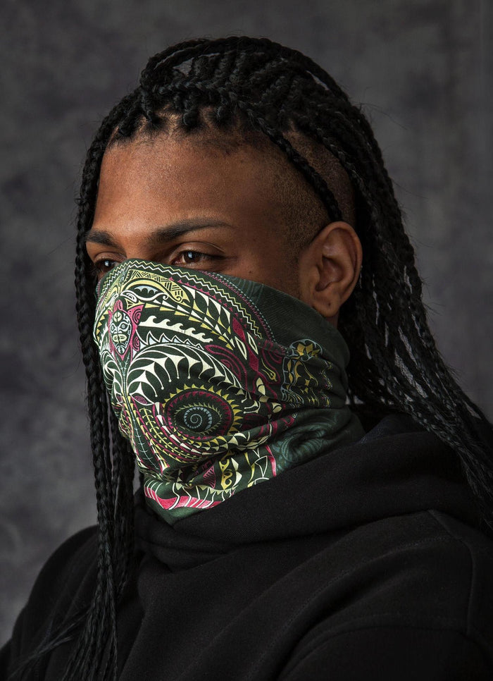 Ta Wise Monkey Neck Gaiter Olive — visionary art by Symbolika