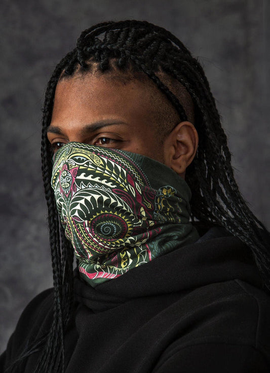 Ta Wise Monkey Neck Gaiter Olive — visionary art by Symbolika