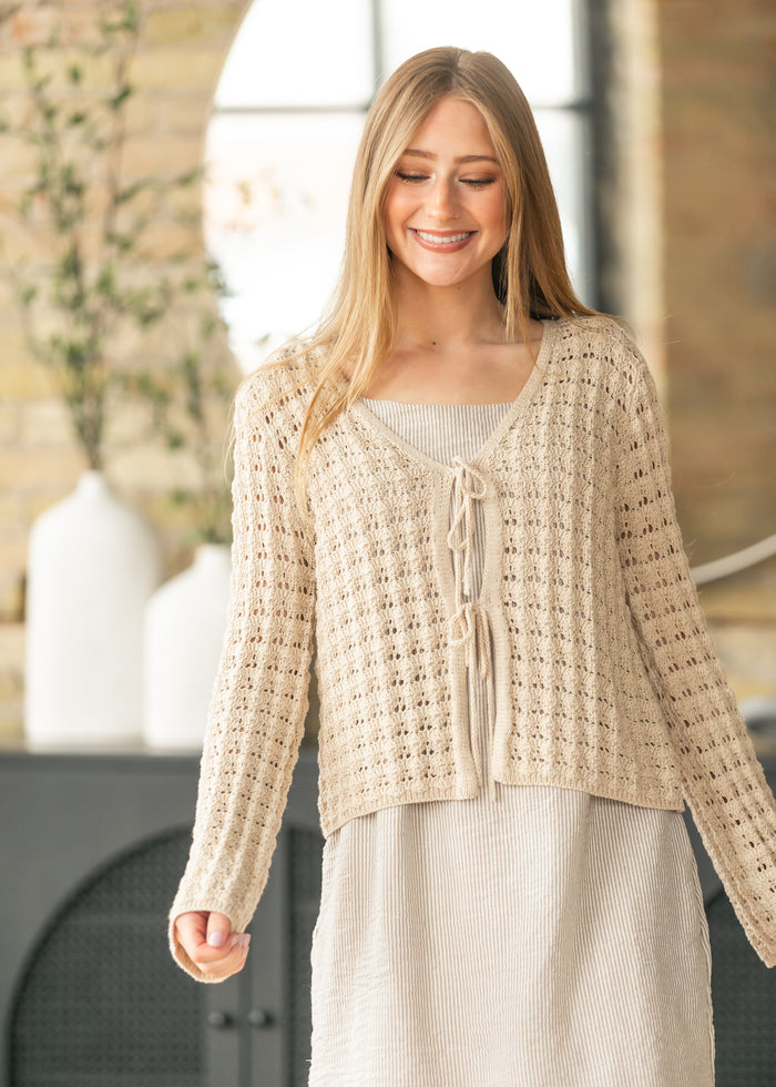 Tan Crochet Double Bow V-Neck Sweater FF Tops